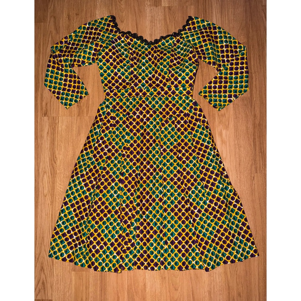 Handmade African Wax Print Dress Yellow Purple Geometric Lace Trim Fit Flare